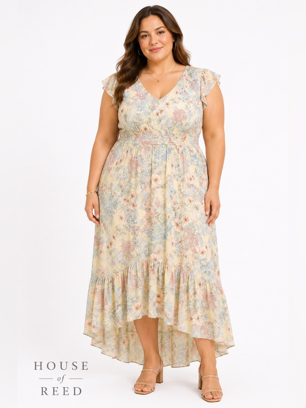 Tommy Hilfiger Floral High Low Midi Dress Size 16 Pastel Ruffle Sleeve Chiffon